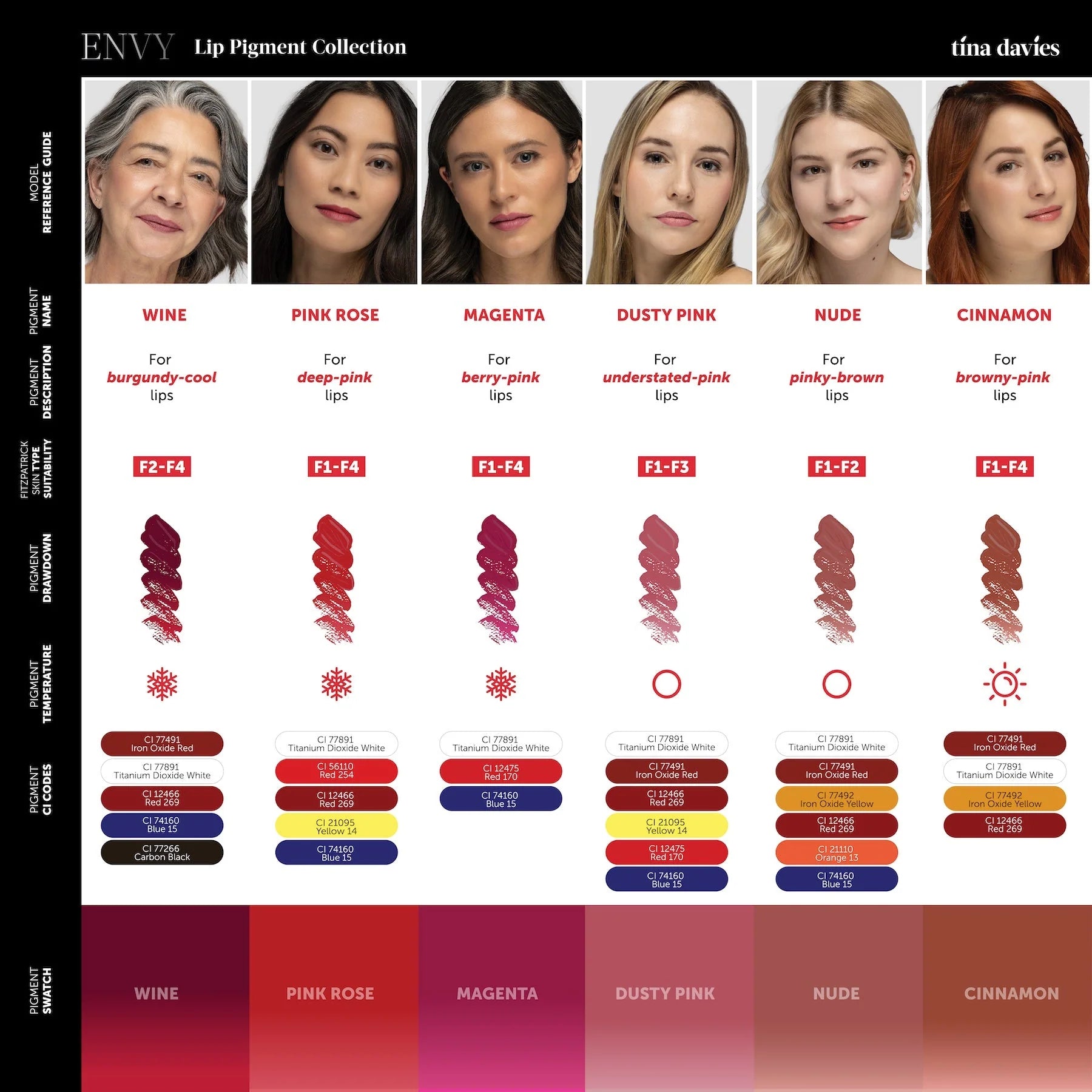 Tina Davies Envy Lip Pigment Collection 6 x 15 ml  – Professional PMU Lip Blush, Lip Neutralization & Cosmetic Tattoo Pigment Set for Permanent Makeup Artists