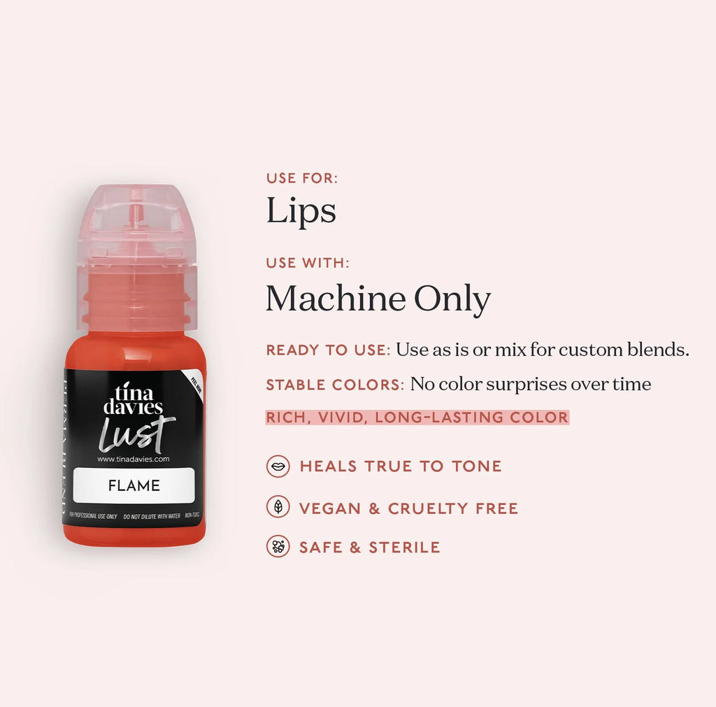 Lip Pigments - Lust Lip Pigments Flame 15ml – Tina Davies x Perma Blend | Warm Orange-Red PMU Lip Blush Pigment for Lip Neutralization & Lip Tattoo Ink