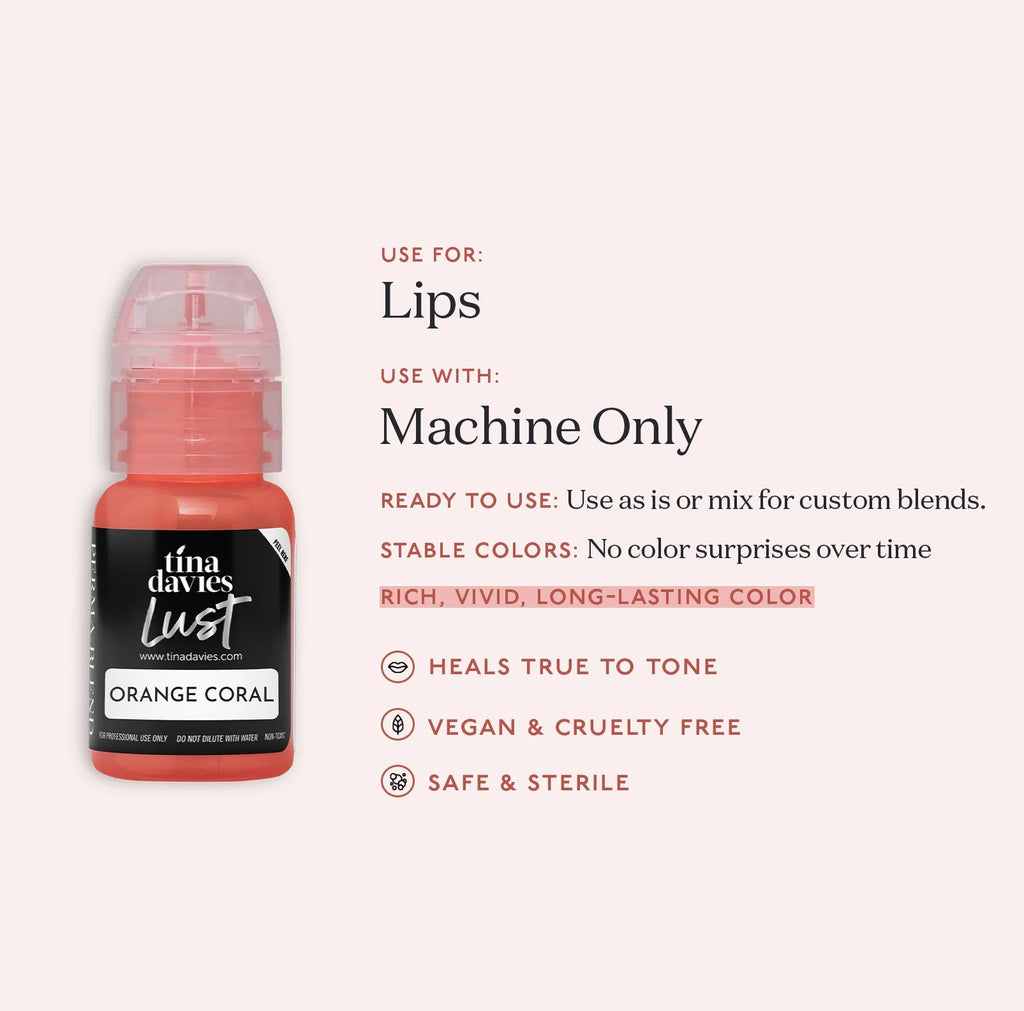 Lip Pigments - Lust Lip Pigments Orange Coral 15ml – Tina Davies x Perma Blend | Warm Orange-Red PMU Lip Blush Pigment for Lip Neutralization & Lip Tattoo Ink